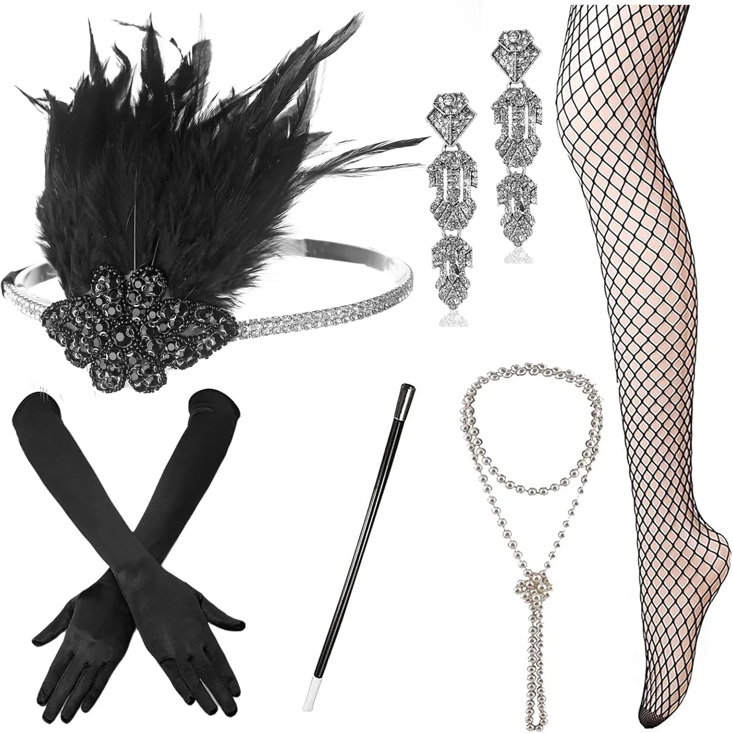1920s Accessories Set Flapper Headband,Earrings,Pearl Necklace,Gloves,Net Tights,Pearl Bracelet (Set-3)