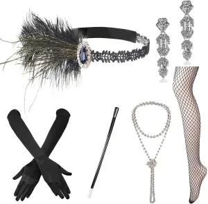 1920s Accessories Set Flapper Headband,Earrings,Pearl Necklace,Gloves,Net Tights,Pearl Bracelet (Set-4)