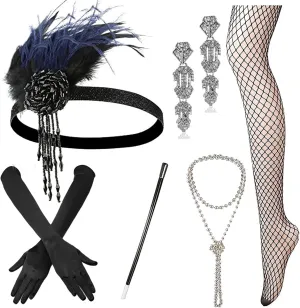 1920s Accessories Set Flapper Headband,Gloves,Net Tights,Pearl Bracelet, Set9
