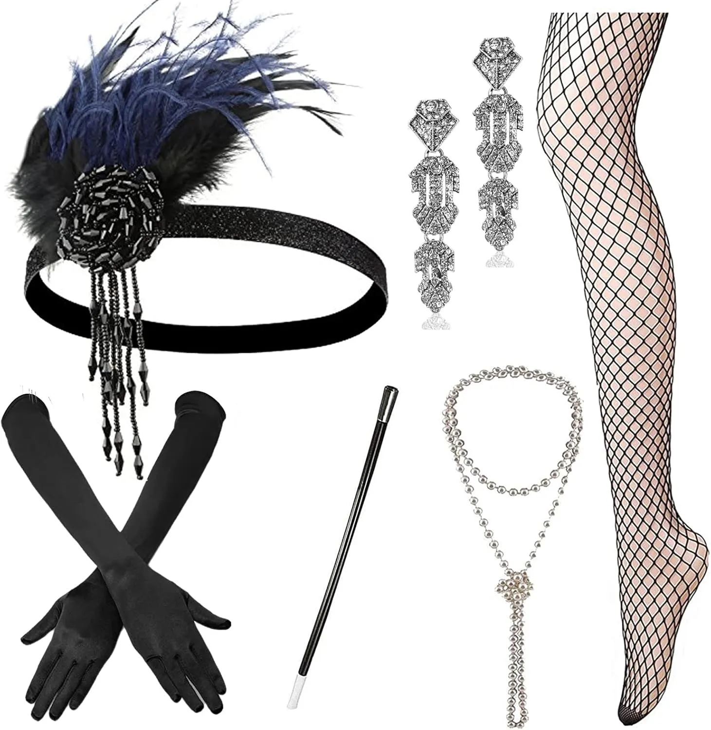 1920s Accessories Set Flapper Headband,Gloves,Net Tights,Pearl Bracelet, Set9
