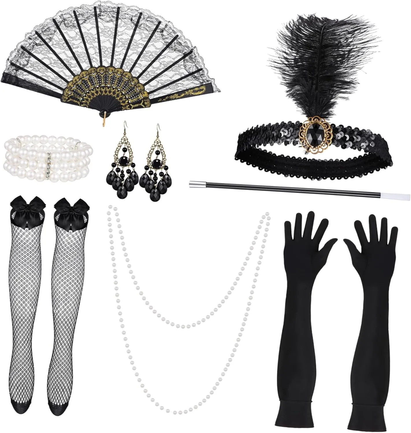 1920s Costume Accessories Pearl Necklace Gloves Stockings Headband Fan Elegant Party Set