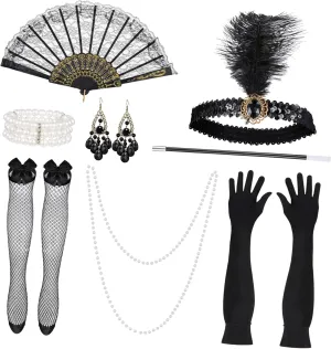 1920s Costume Accessories Pearl Necklace Gloves Stockings Headband Fan Elegant Party Set