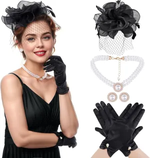 1920s Fascinator Hat for Women Flower Headpiece Gloves Necklace Earring for Tea Party Wedding