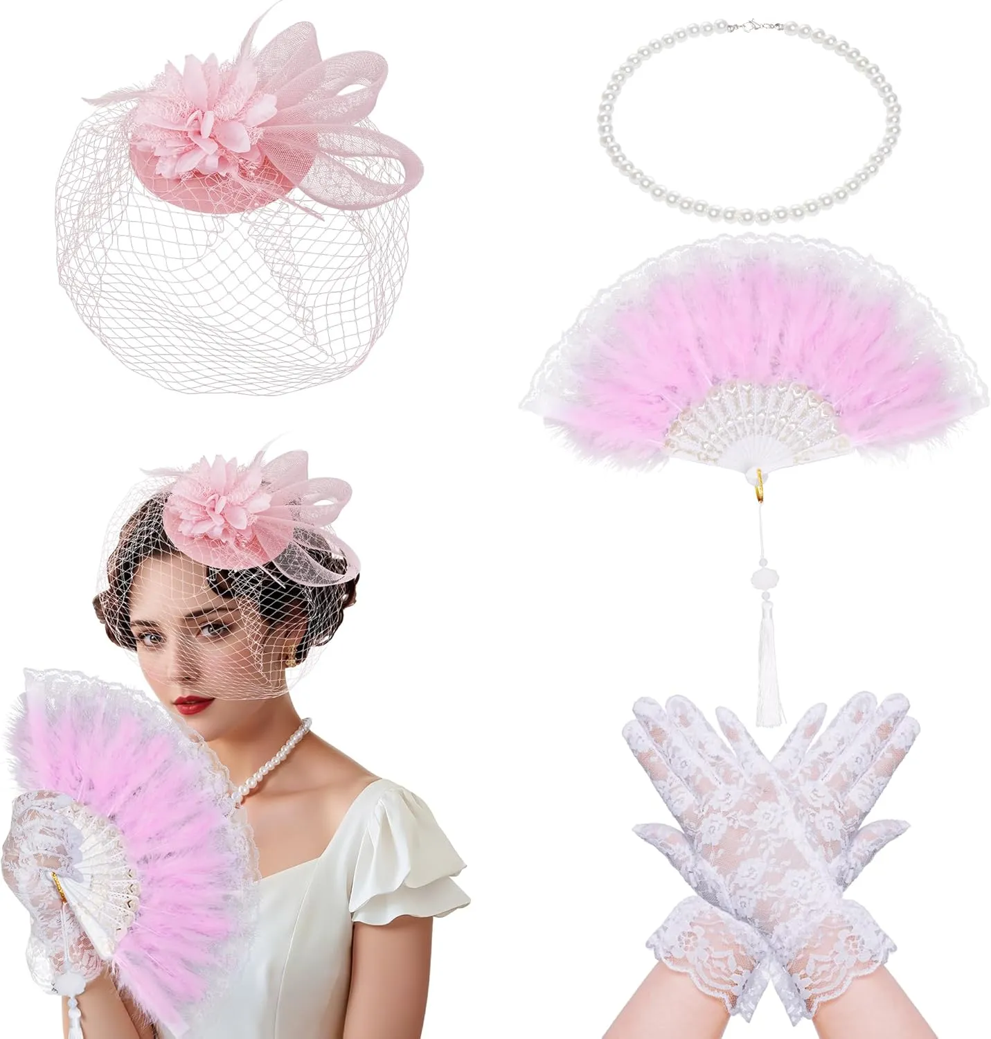 1920s Fascinators Hat with Mesh Veil for Women Veil Feathers Hair Clip Short Lace Gloves Pearl Necklace Feather Fan for Tea Party