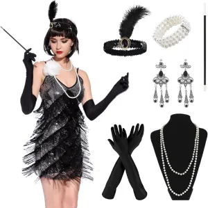 1920s Flapper Accessories Costume Accessories Set, Headband Bracelet Pearl Necklace Gloves Plastic Holder Earrings