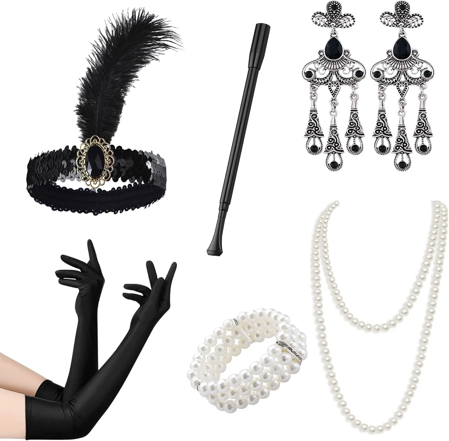 1920s Flapper Accessories Costume Accessories Set, Headband Bracelet Pearl Necklace Gloves Plastic Holder Earrings