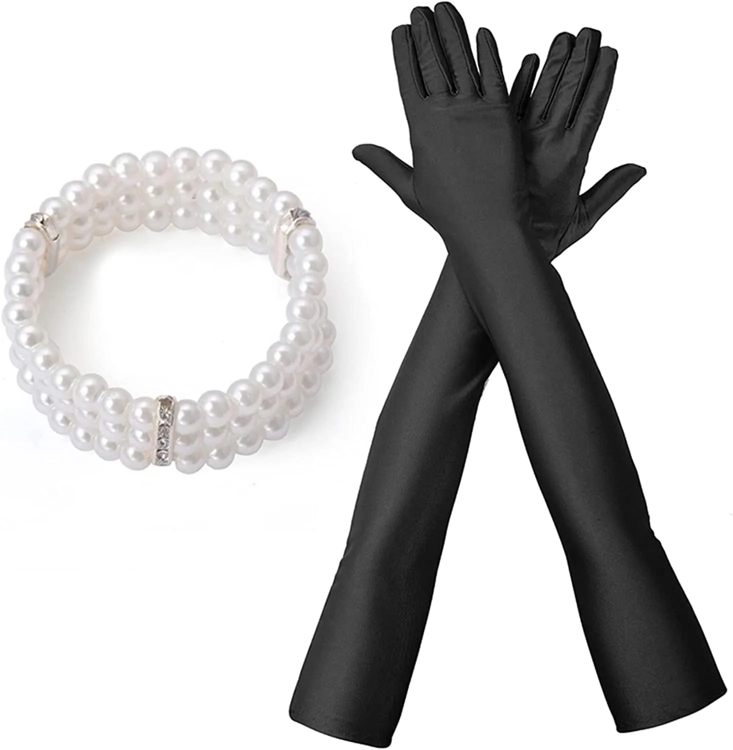 1920s Flapper Accessories Costume Accessories Set, Headband Bracelet Pearl Necklace Gloves Plastic Holder Earrings