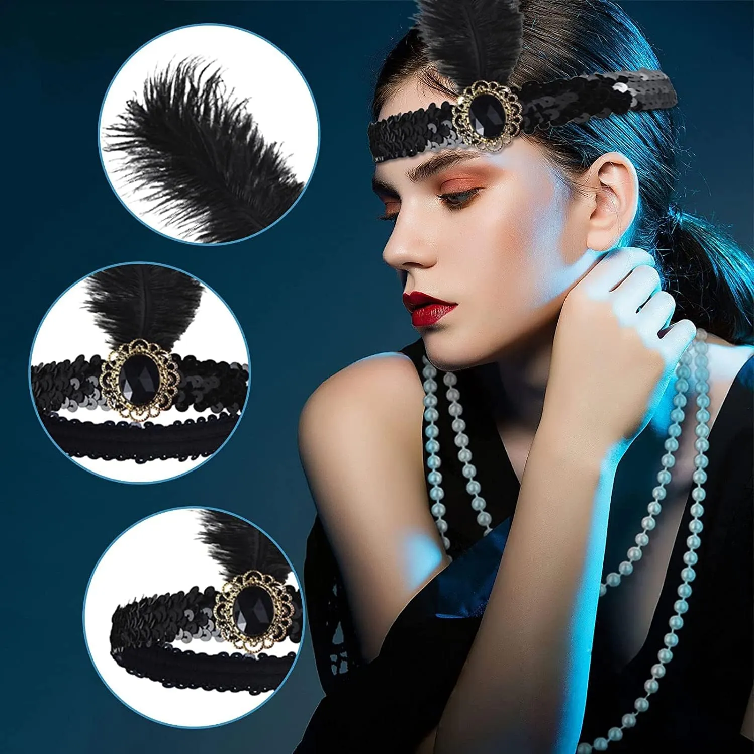 1920s Flapper Accessories Costume Accessories Set, Headband Bracelet Pearl Necklace Gloves Plastic Holder Earrings