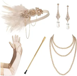 1920s Flapper Accessories Gatsby Costume Accessories Set for Women 20s Headpiece Pearl Necklace Gloves Holder