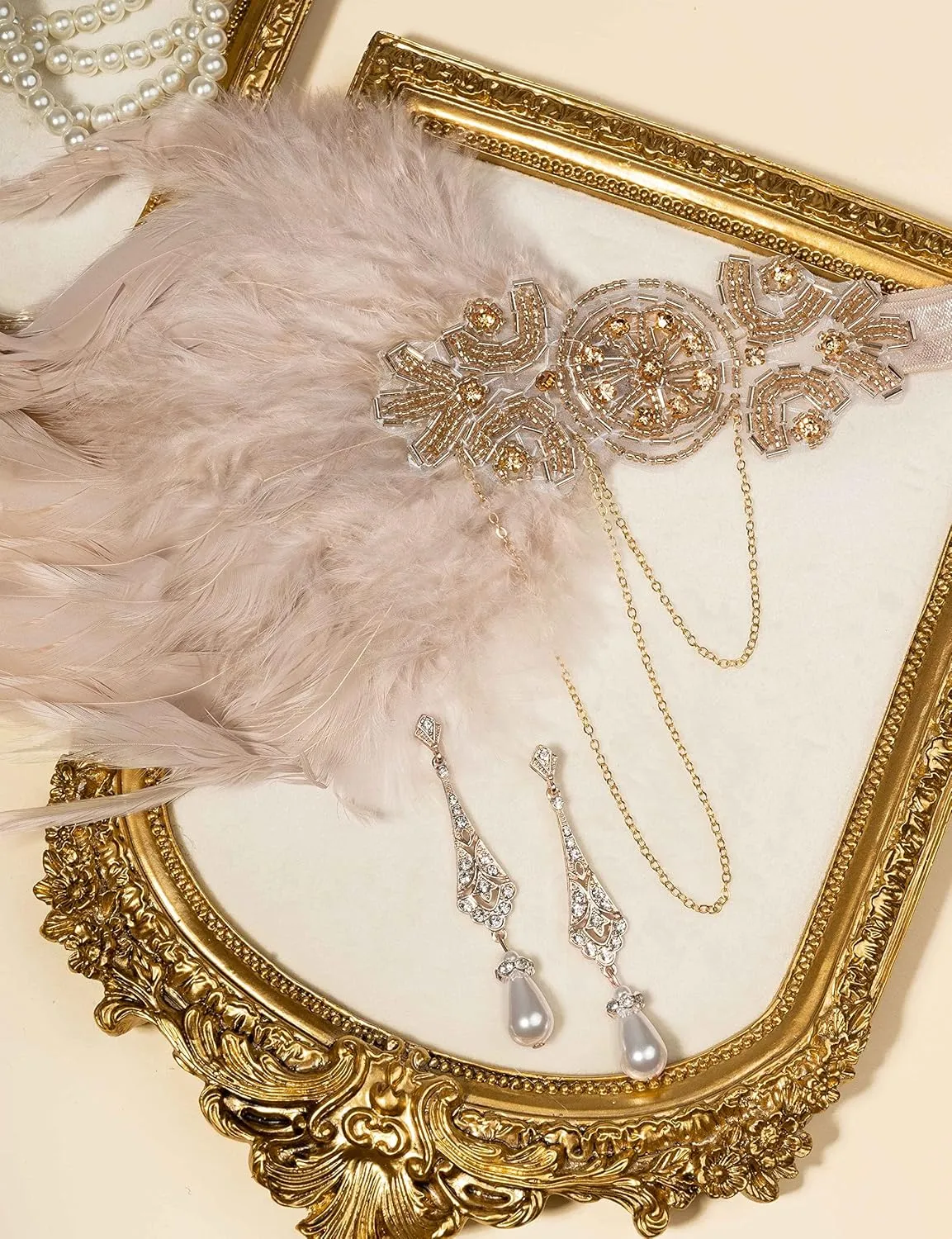1920s Flapper Accessories Gatsby Costume Accessories Set for Women 20s Headpiece Pearl Necklace Gloves Holder