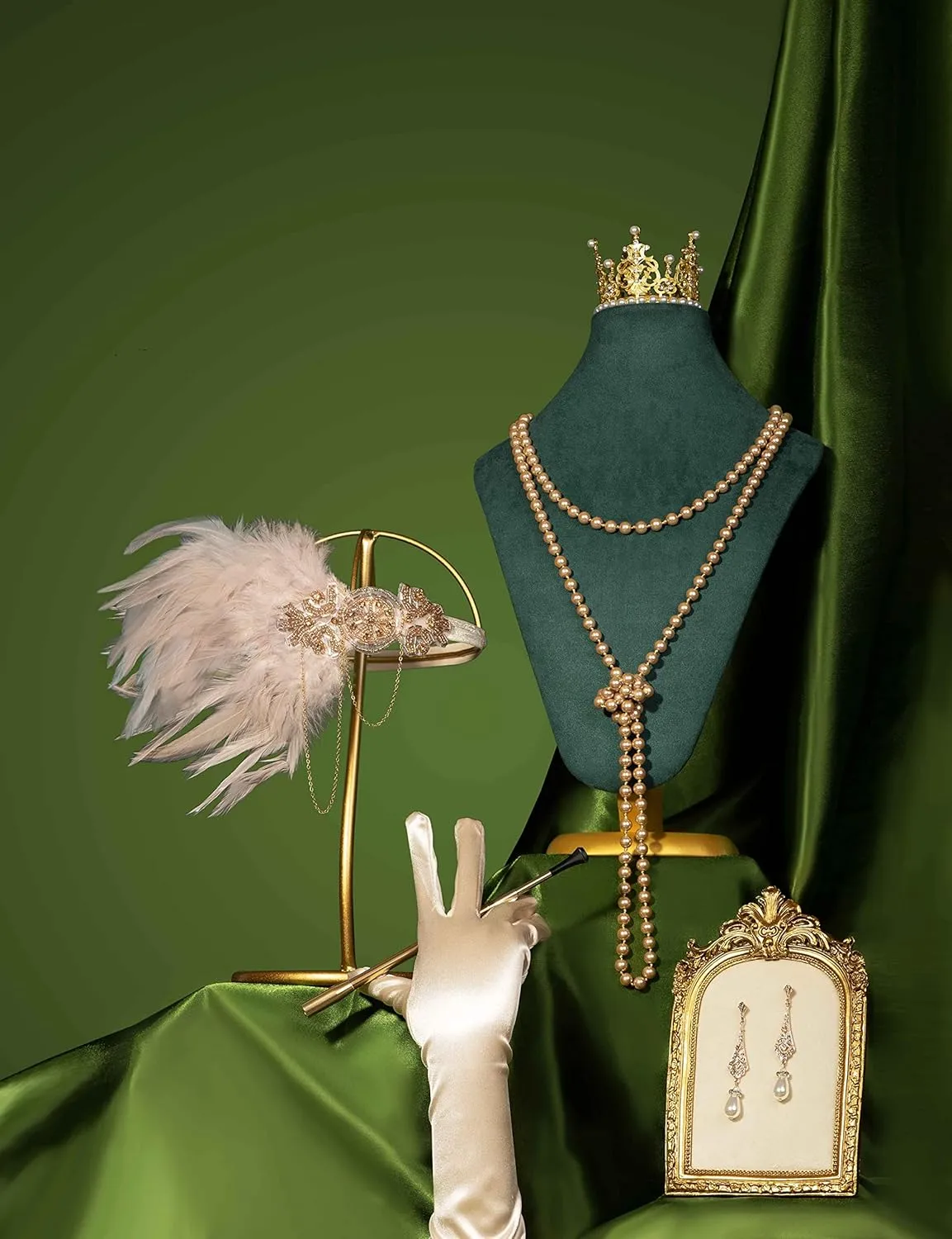 1920s Flapper Accessories Gatsby Costume Accessories Set for Women 20s Headpiece Pearl Necklace Gloves Holder