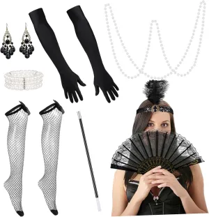 1920s Flapper Accessories Set Pearl Necklace Gloves Stockings Headpiece for Women Retro Costume