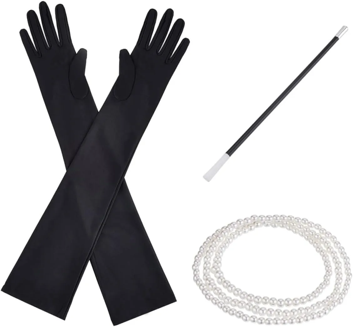 1920s Flapper Accessory Set Pearl Chain Necklace Gloves Holder Satin Length