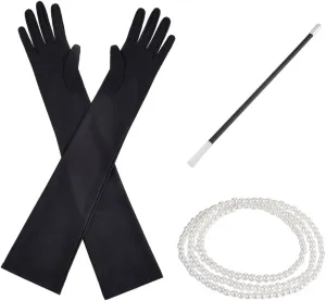 1920s Flapper Accessory Set Pearl Chain Necklace Gloves Holder Satin Length