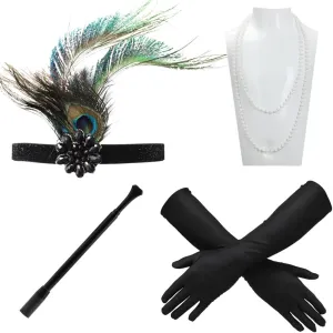 1920S Flapper Costume Accessories Kit, 5-Piece Set For Women, Includes Headband, Cigarette Rod, Pearl Necklace & Gloves