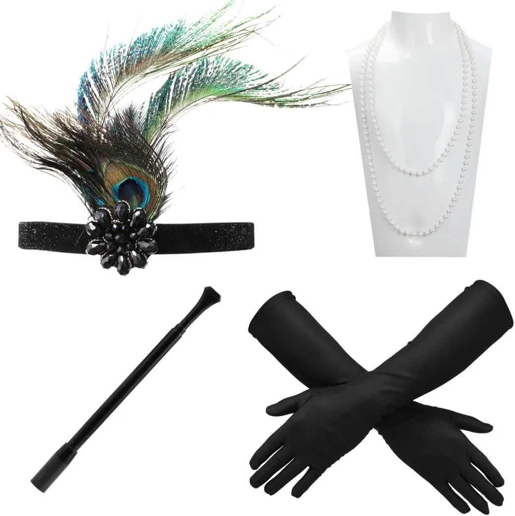 1920S Flapper Costume Accessories Kit, 5-Piece Set For Women, Includes Headband, Cigarette Rod, Pearl Necklace & Gloves