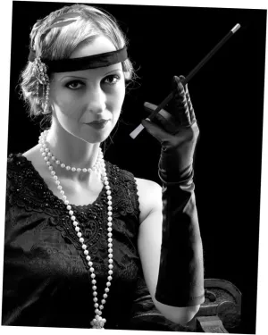 1920s Flapper Dress Set Pearl Necklace Gloves Holder Black Flapper Accessories