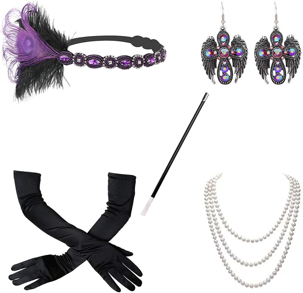 1920s Flapper Great Gatsby Costume Accessories Set, 20s Feather Headpiece Cigarette Holder Necklace Gloves