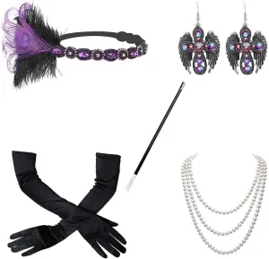 1920s Flapper Great Gatsby Costume Accessories Set, 20s Feather Headpiece Cigarette Holder Necklace Gloves