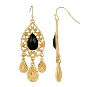 1928 Jewelry Gold Tone Black Pear Shape Filigree Drop Earrings