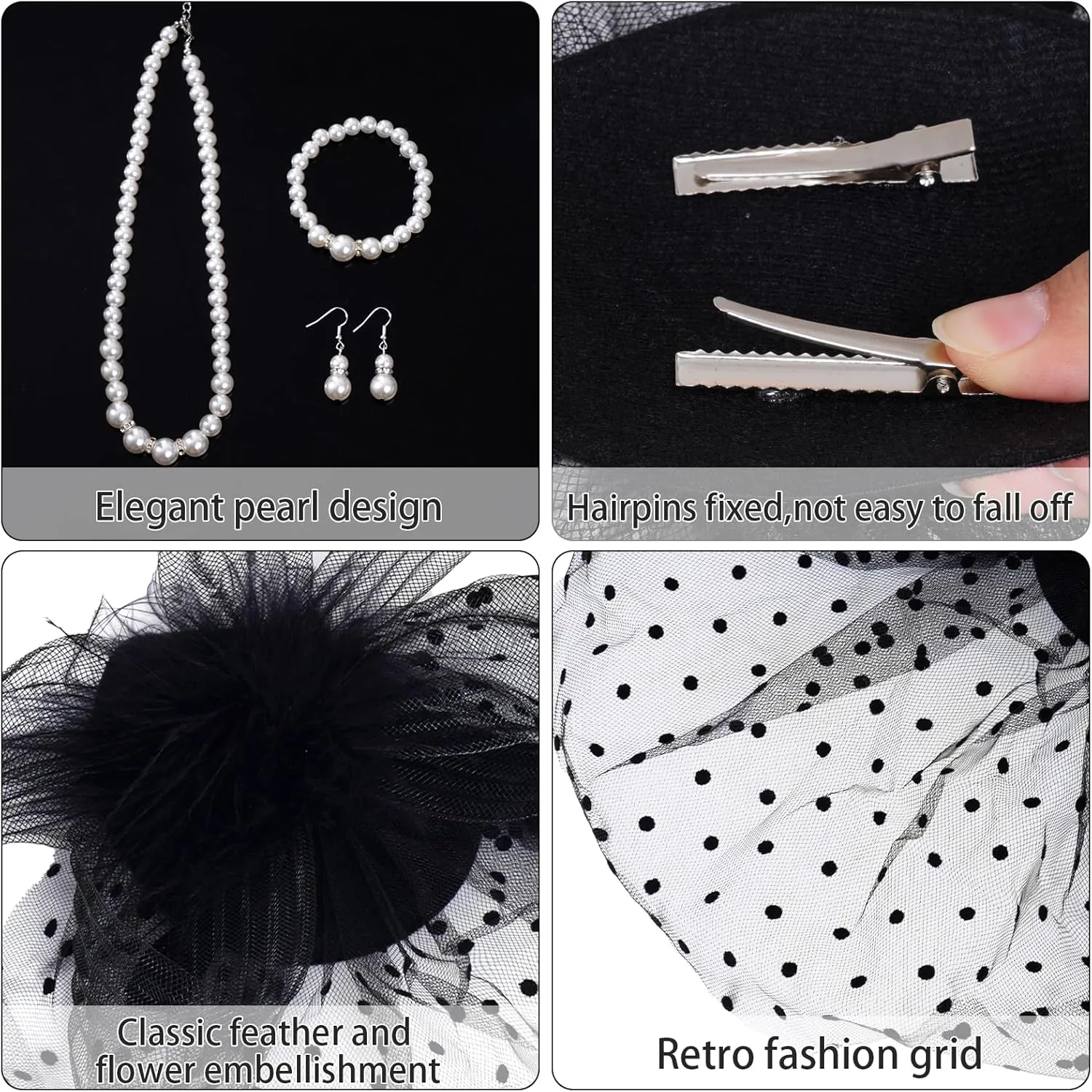 1950s Tea Party Fascinator Hat for Women Mesh Veil Headband Satin Gloves Pearl Set Cocktail Tea Party Halloween Wedding