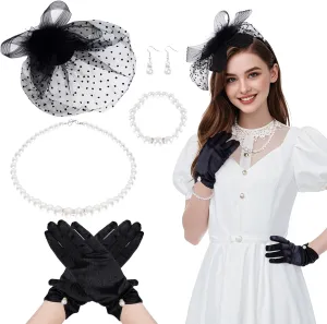 1950s Tea Party Fascinator Hat for Women Mesh Veil Headband Satin Gloves Pearl Set Cocktail Tea Party Halloween Wedding