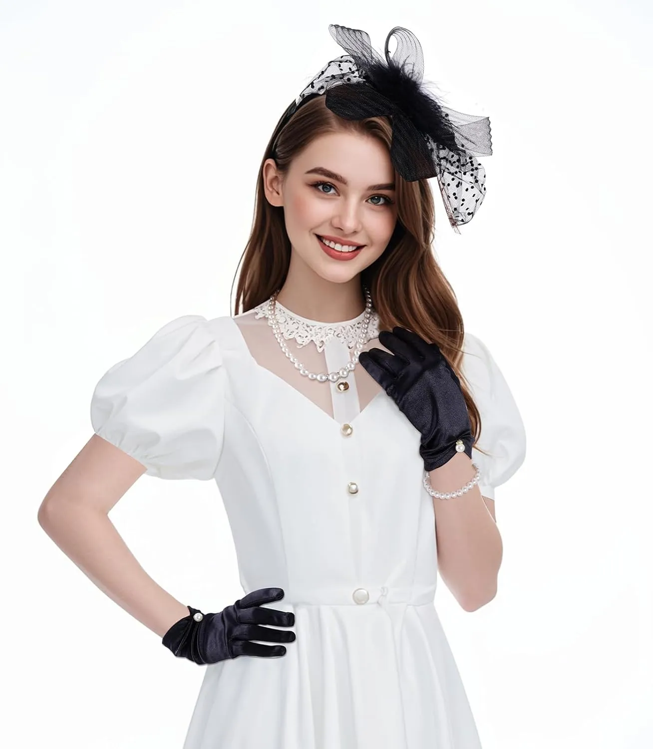 1950s Tea Party Fascinator Hat for Women Mesh Veil Headband Satin Gloves Pearl Set Cocktail Tea Party Halloween Wedding
