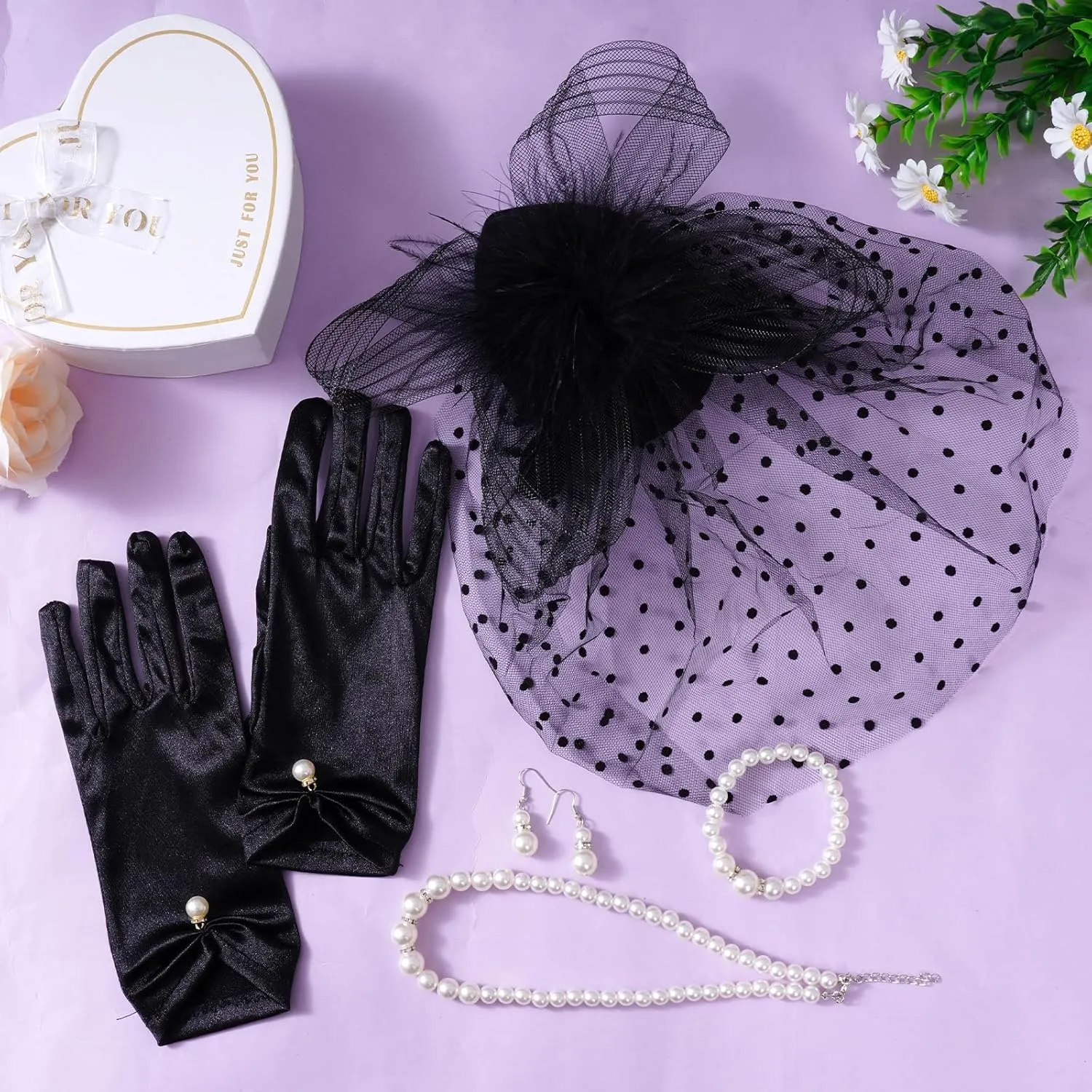 1950s Tea Party Fascinator Hat for Women Mesh Veil Headband Satin Gloves Pearl Set Cocktail Tea Party Halloween Wedding