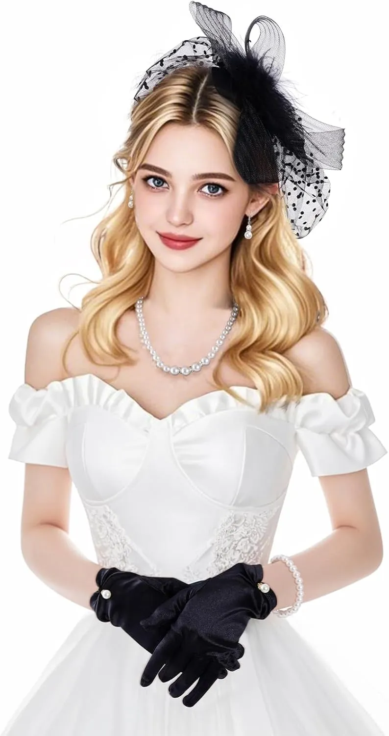 1950s Tea Party Fascinator Hat for Women Mesh Veil Headband Satin Gloves Pearl Set Cocktail Tea Party Halloween Wedding