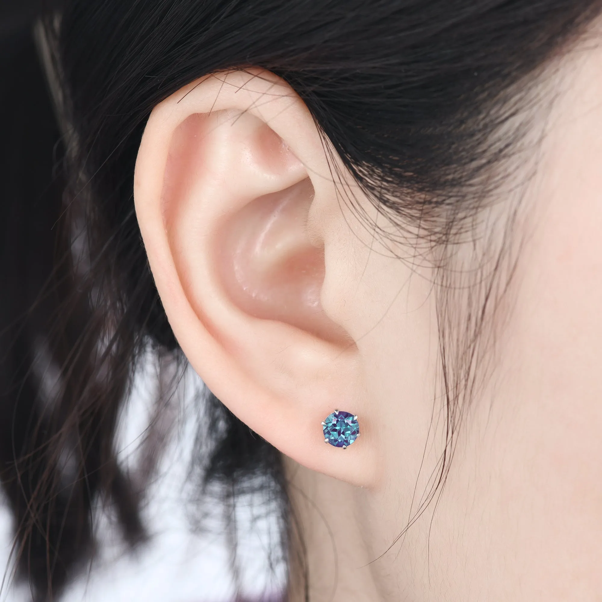 1ct Solitaire Round Cut Color-Change Alexandrite Stud Earrings Minimalist Earrings