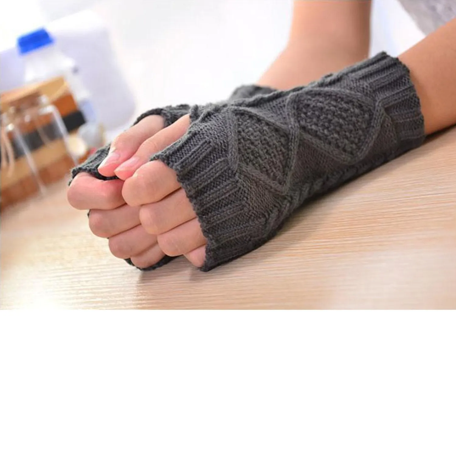 2 Pairs Women Arm Gloves, Winter Warm Fingerless Gloves Wrist Arm Warmers Knit Mittens Half Finger Gloves for Ladies Girls A-black and Gray