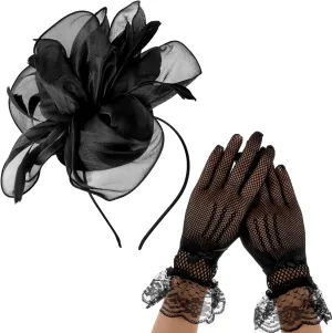 2 Pcs Fascinators Hat for Women Headband Tea Party with Lace Glove 50s Vintage Hat Wedding Feather Veil Hair Clip