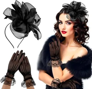 2 Pcs Fascinators Hat for Women Headband Tea Party with Lace Glove 50s Vintage Hat Wedding Feather Veil Hair Clip