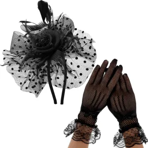 2 Pcs Fascinators Hat for Women Headband Tea Party with Lace Glove 50s Vintage Hat Wedding Feather Veil Hair Clip