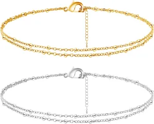 2 PCS Gold/Silver Anklet for Women,Dainty Layered Anklets,Waterproof Ankle Bracelets,Stainless Steel Summer Jewelry Gifts For Women