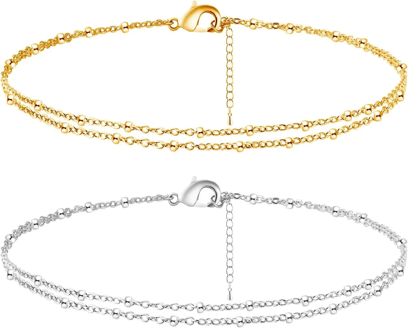 2 PCS Gold/Silver Anklet for Women,Dainty Layered Anklets,Waterproof Ankle Bracelets,Stainless Steel Summer Jewelry Gifts For Women