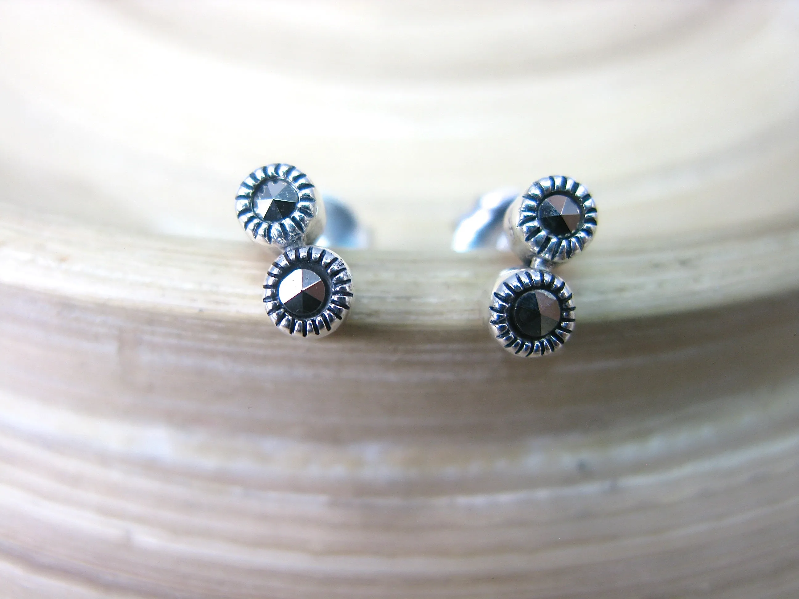 2 Round Minimalist Marcasite 925 Sterling Silver Stud Earrings