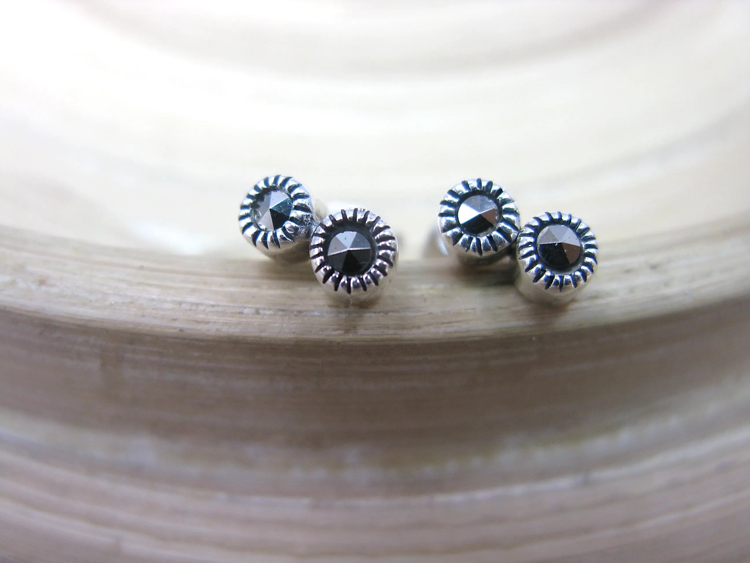 2 Round Minimalist Marcasite 925 Sterling Silver Stud Earrings