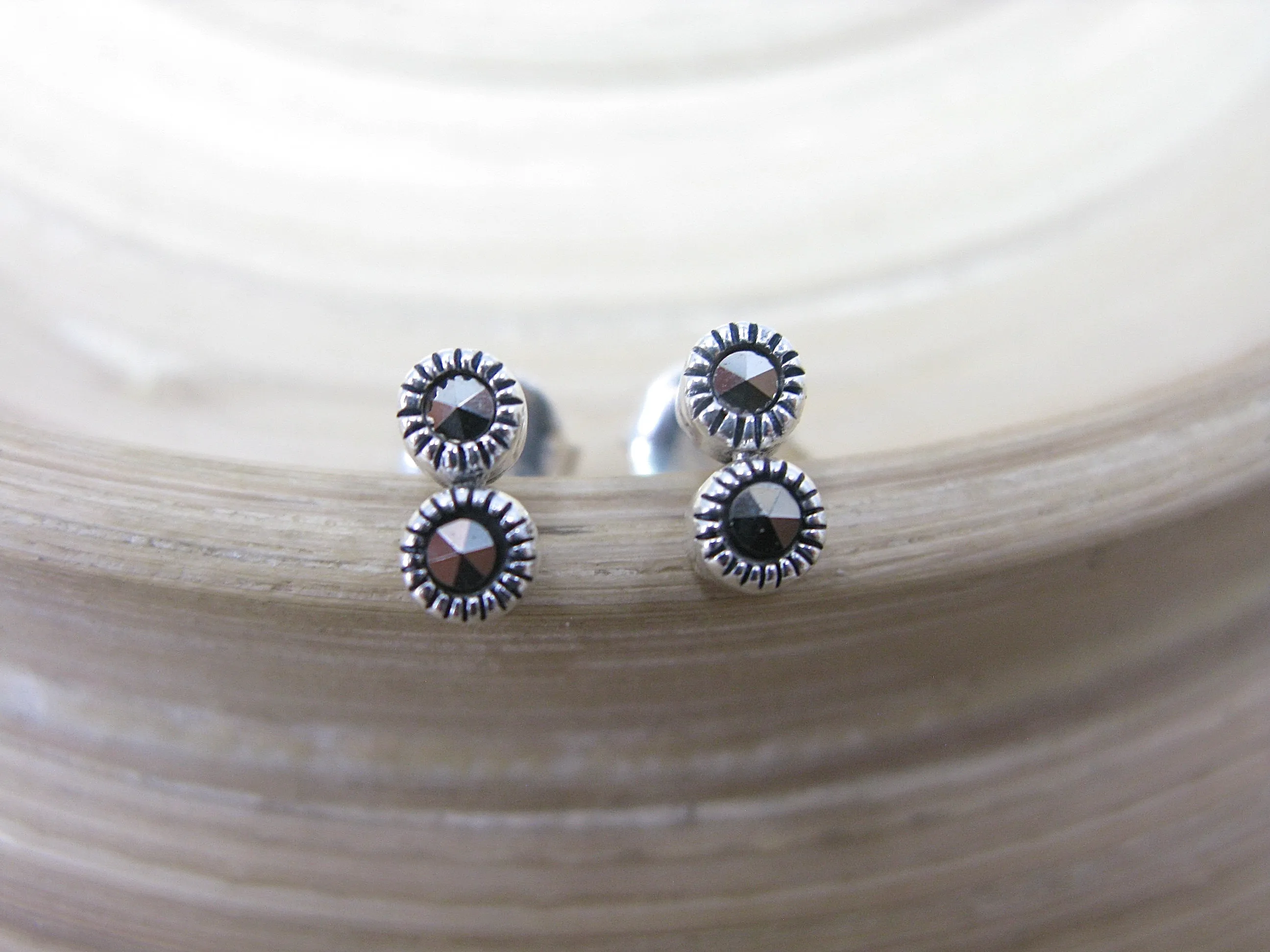2 Round Minimalist Marcasite 925 Sterling Silver Stud Earrings