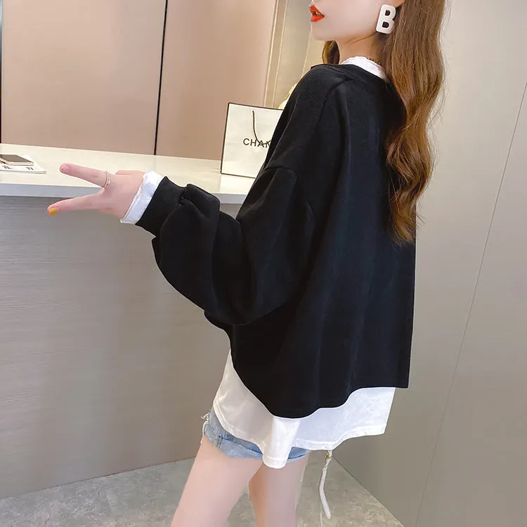 2022 new fake 2 piece pullover loose fit clothes long-sleeved oversize sweater jumper plus size