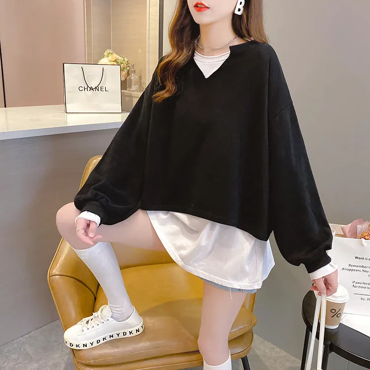 2022 new fake 2 piece pullover loose fit clothes long-sleeved oversize sweater jumper plus size