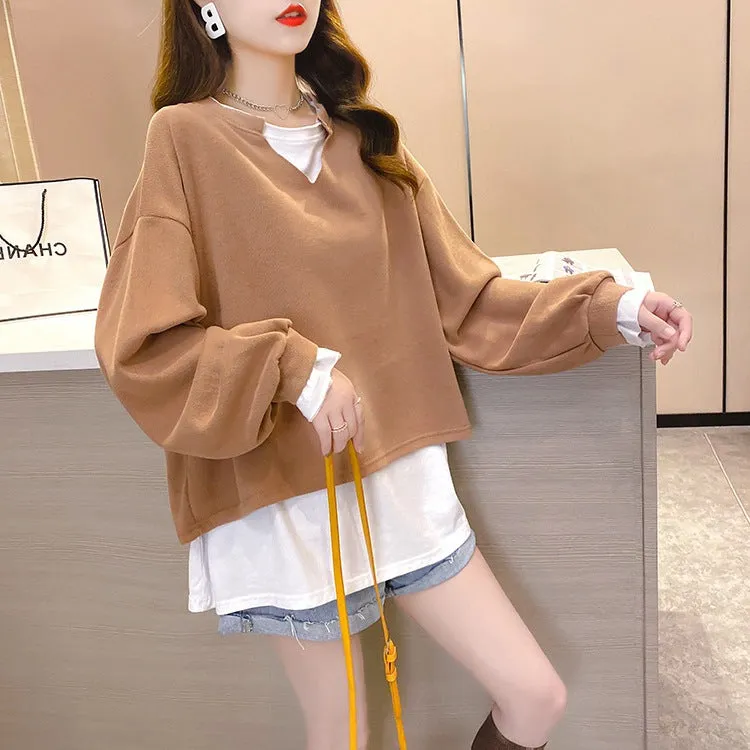 2022 new fake 2 piece pullover loose fit clothes long-sleeved oversize sweater jumper plus size
