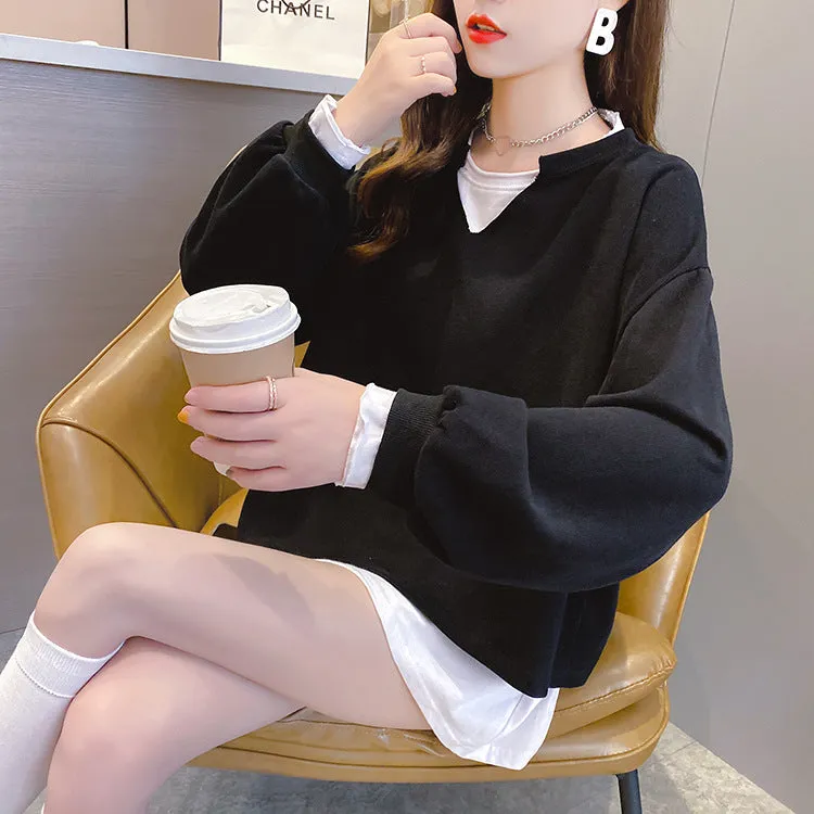 2022 new fake 2 piece pullover loose fit clothes long-sleeved oversize sweater jumper plus size