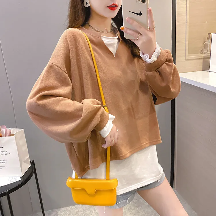 2022 new fake 2 piece pullover loose fit clothes long-sleeved oversize sweater jumper plus size
