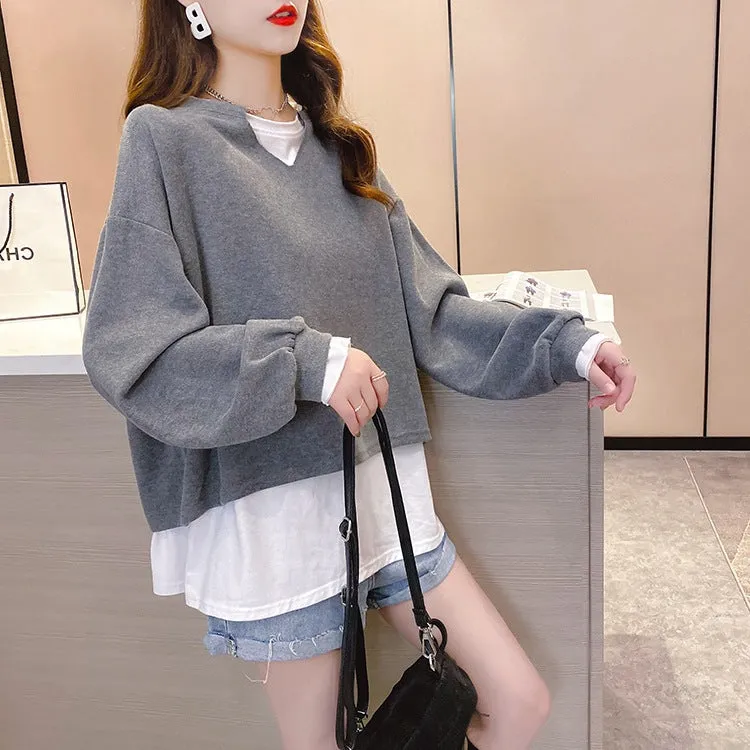 2022 new fake 2 piece pullover loose fit clothes long-sleeved oversize sweater jumper plus size
