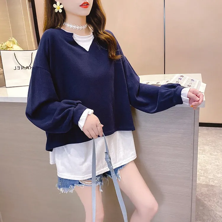 2022 new fake 2 piece pullover loose fit clothes long-sleeved oversize sweater jumper plus size