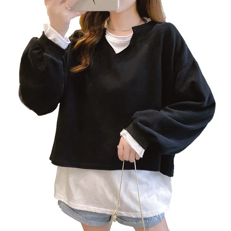 2022 new fake 2 piece pullover loose fit clothes long-sleeved oversize sweater jumper plus size
