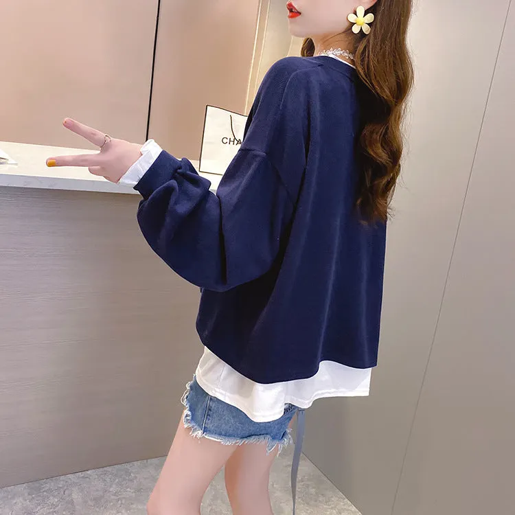 2022 new fake 2 piece pullover loose fit clothes long-sleeved oversize sweater jumper plus size