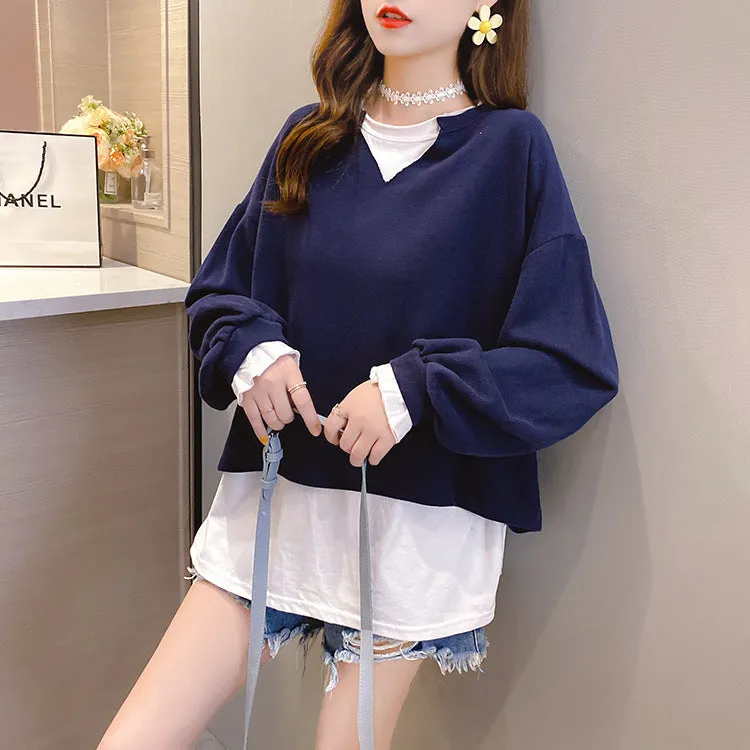2022 new fake 2 piece pullover loose fit clothes long-sleeved oversize sweater jumper plus size