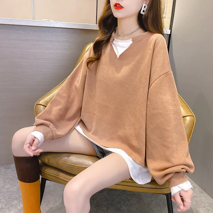 2022 new fake 2 piece pullover loose fit clothes long-sleeved oversize sweater jumper plus size
